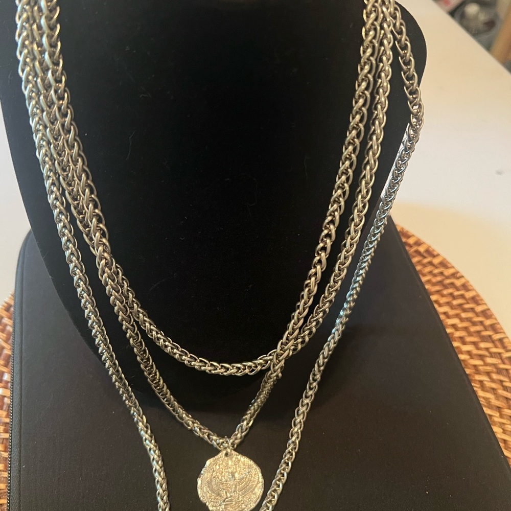 Triple Layer Silver Chain and Coin Necklace